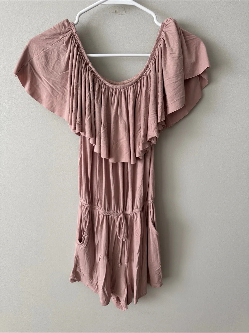 Elan Dusty Rose Off-Shoulder Ruffle Romper